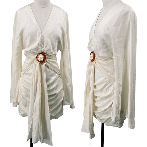 Significant Other Draped Mini Dress Bell Sleeve Tortoise O Ring Ivory Womens 4 - Picture 1 of 10
